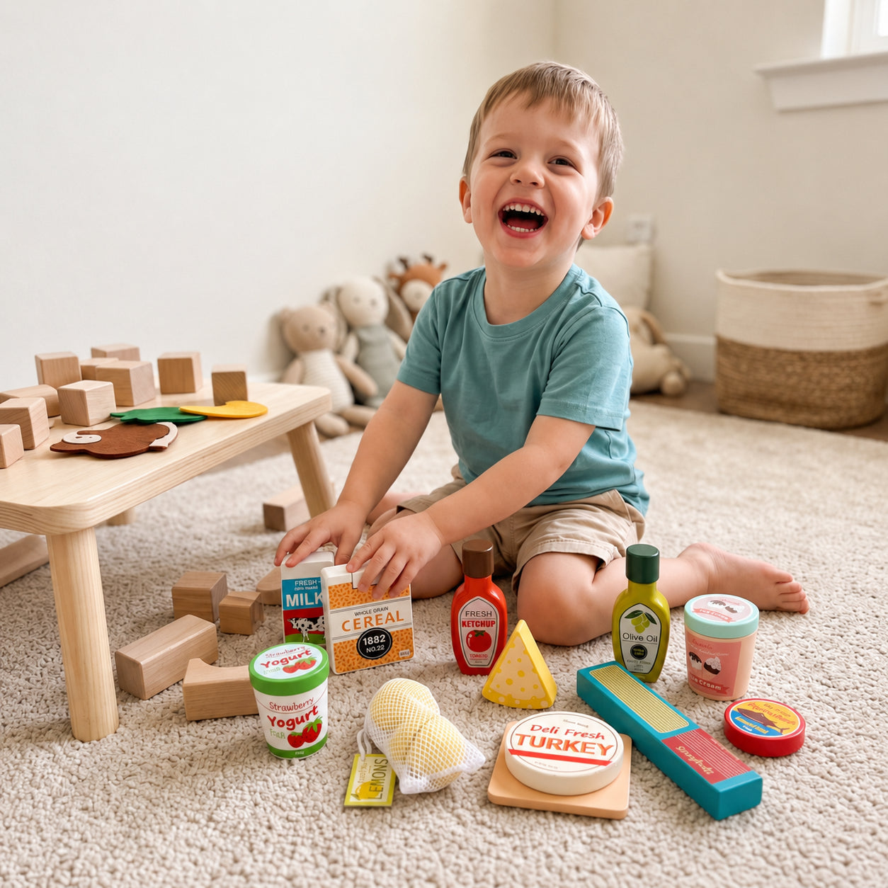 7-Piece Toddler Wooden Grocery Set with Milk & Cheese