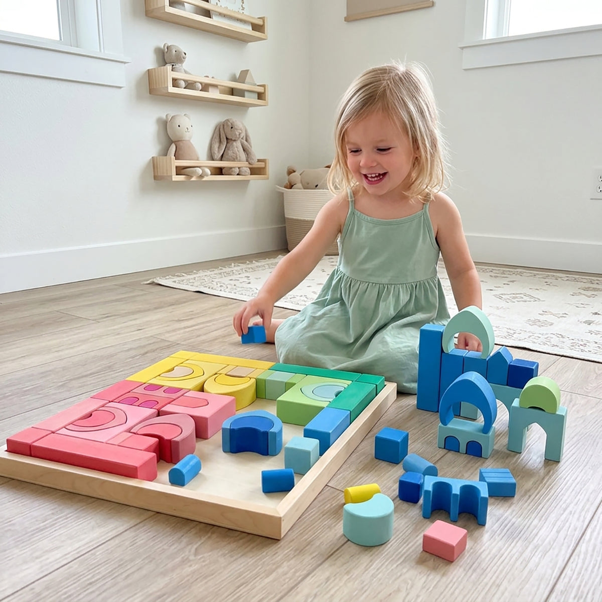 64-Piece Rainbow Wooden Castle Building Blocks Set