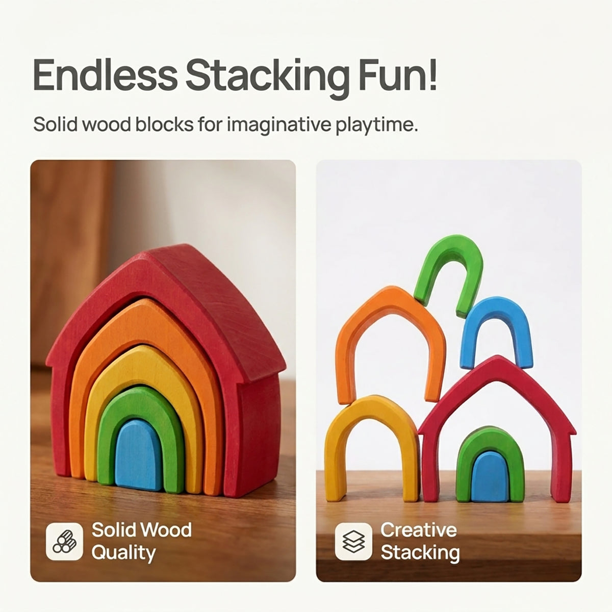 Wooden Rainbow House Stacking Puzzle Set