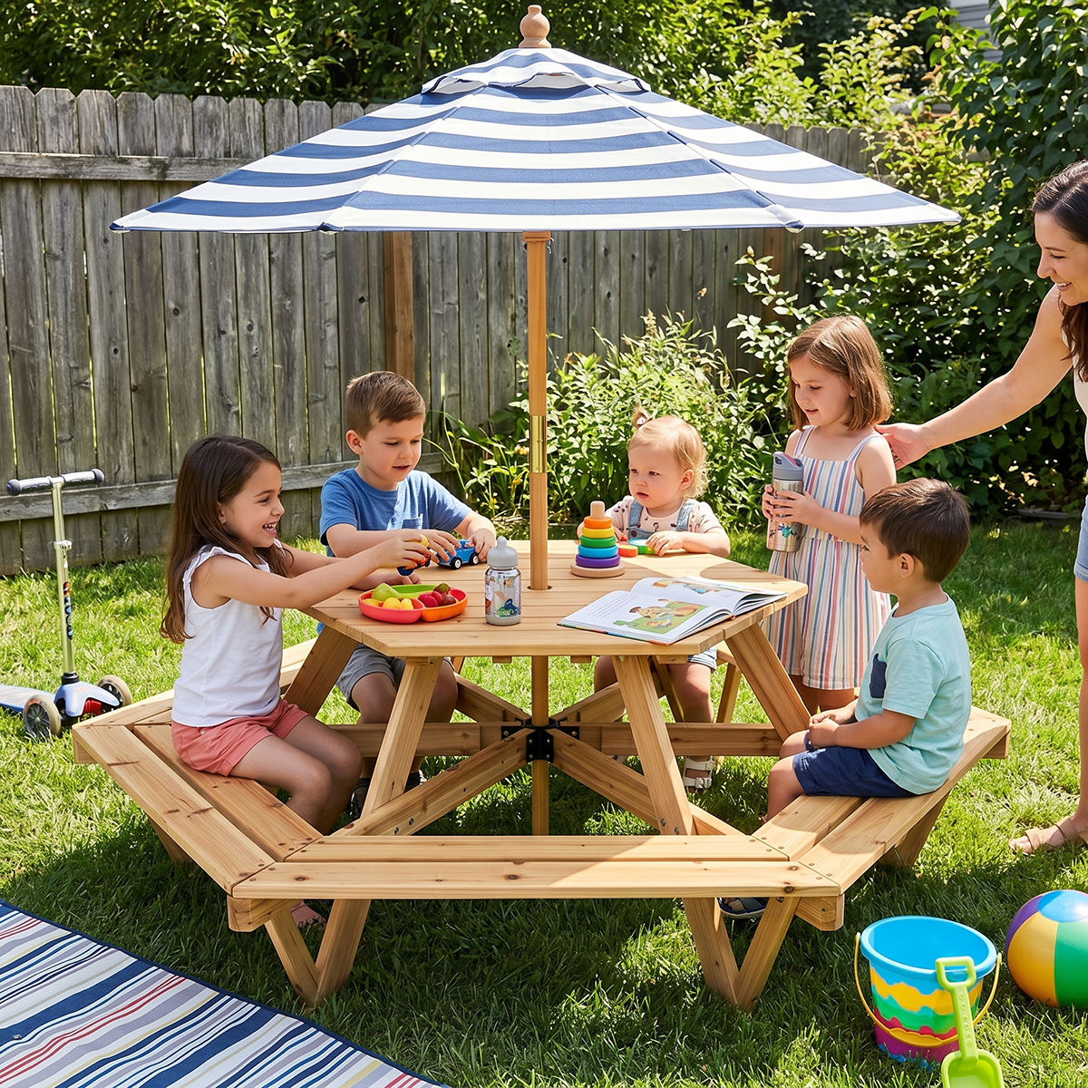 Wooden Hexagonal Picnic Table with 6 Benches & Adjustable Umbrella