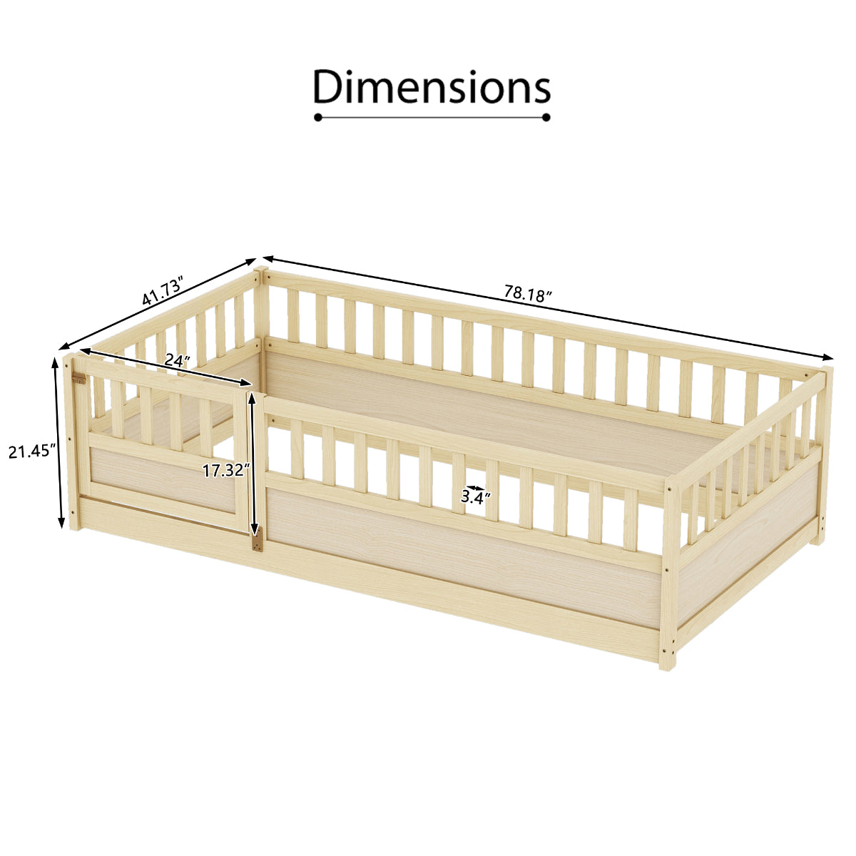 Twin Pine Floor Bed with Safety Rails and Door