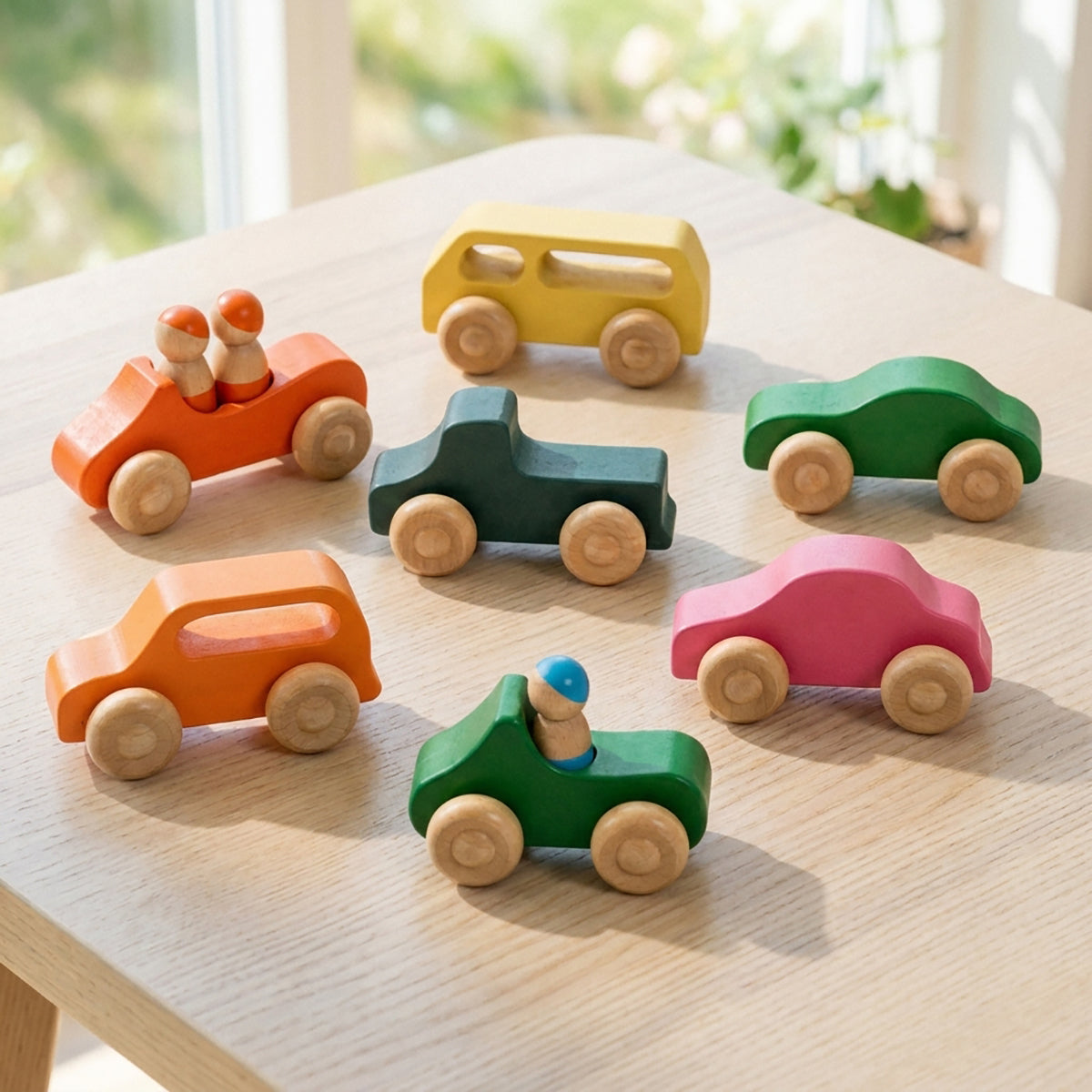 Rainbow Wooden Cars and Peg Dolls Set