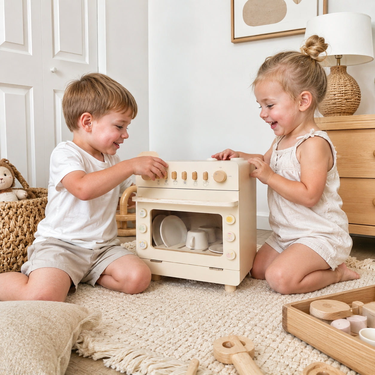 Wooden Dishwasher Pretend Play Kitchen Appliance with Dish Accessories