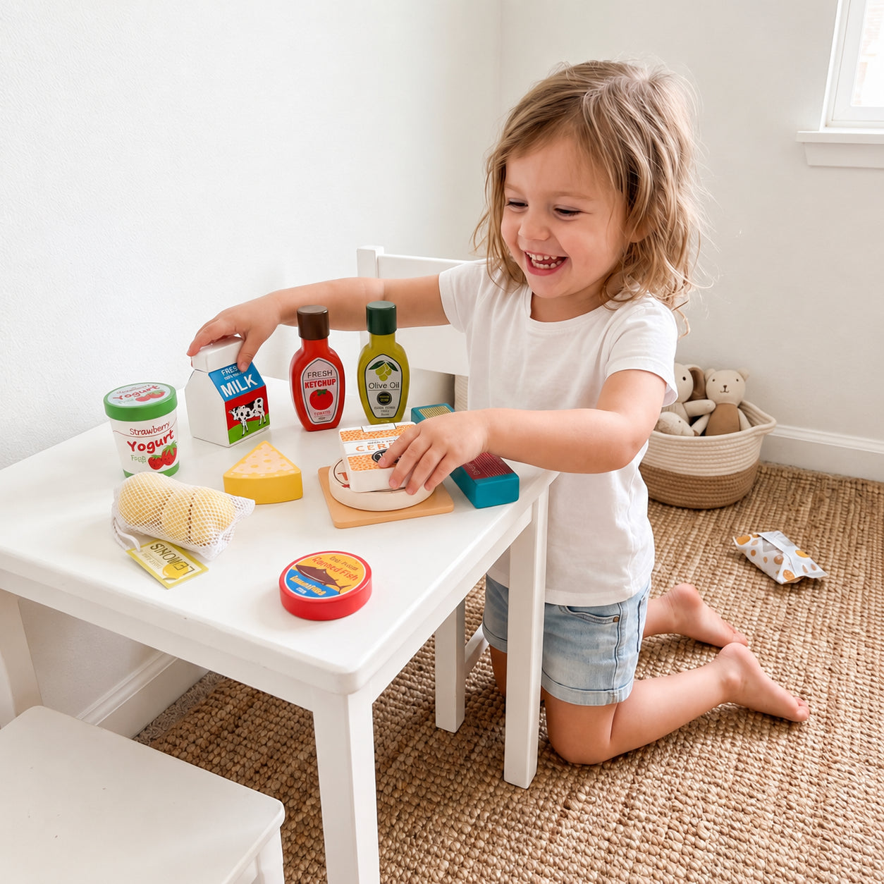 7-Piece Toddler Wooden Grocery Set with Milk & Cheese