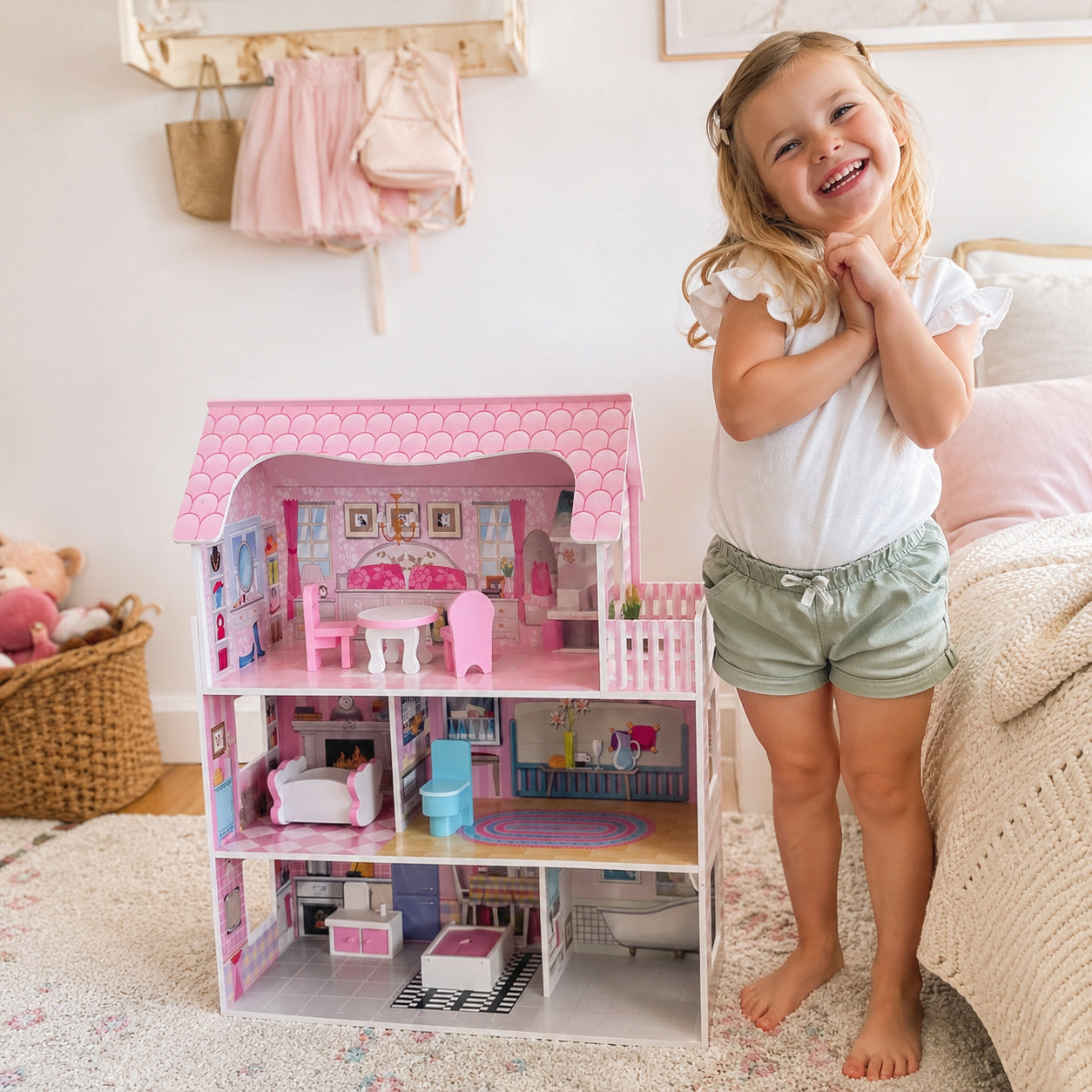 Pink Wooden Dollhouse with Furniture Set