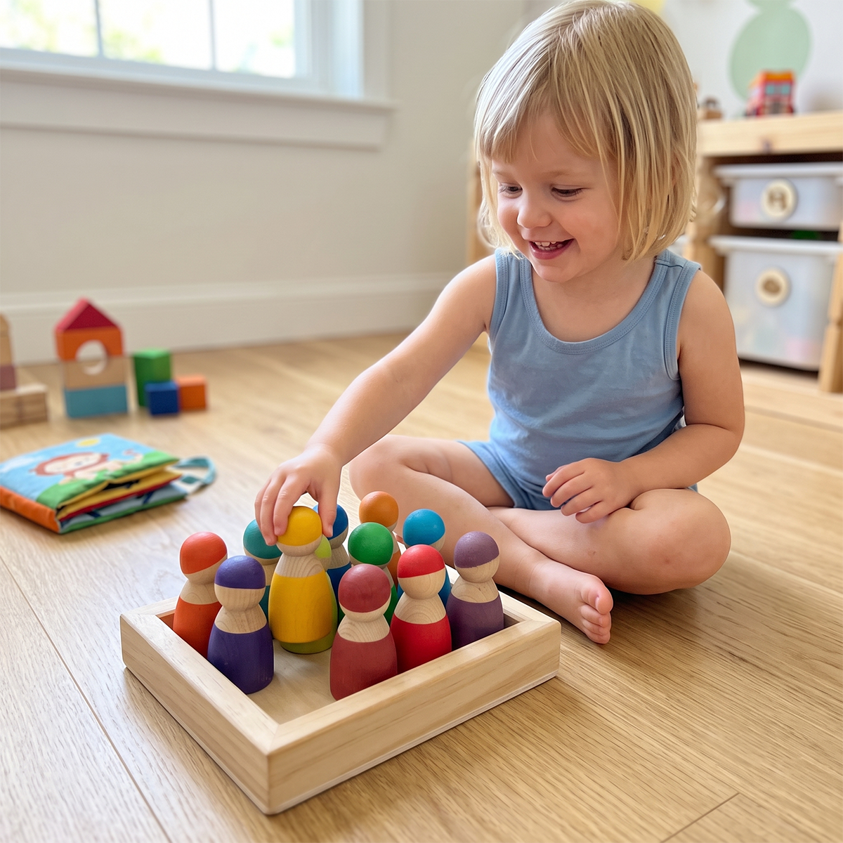 12-Piece Montessori Wooden Rainbow Peg Dolls Open-Ended Play