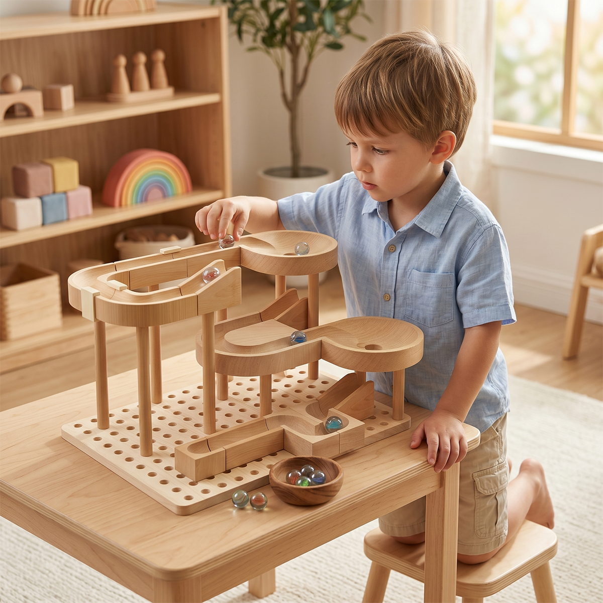 Wooden Marble Run Building Blocks Set