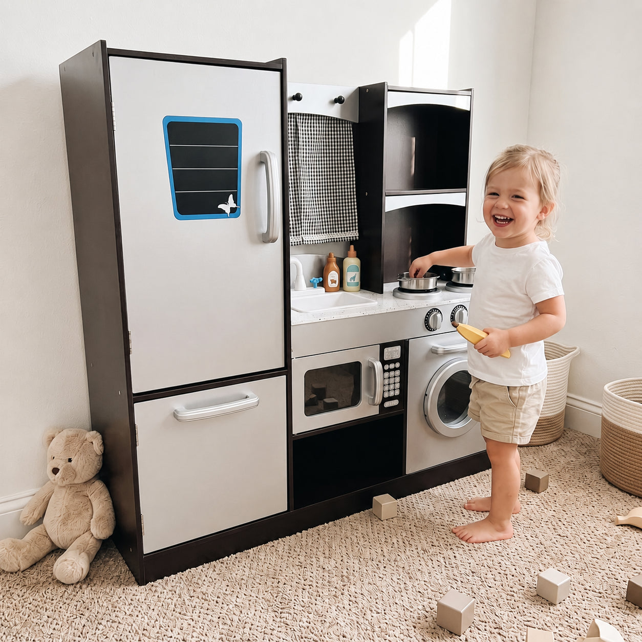 Modern Pretend Cooking Wooden Play Kitchen Set for Kids