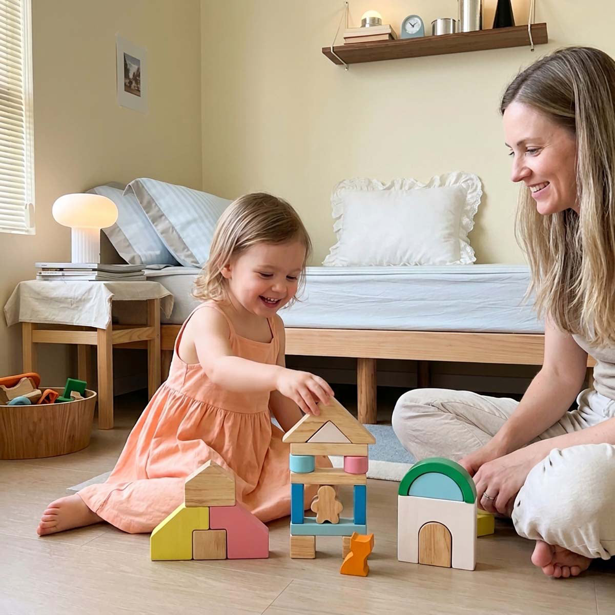 46-Piece Pastel Wooden Building Blocks Set