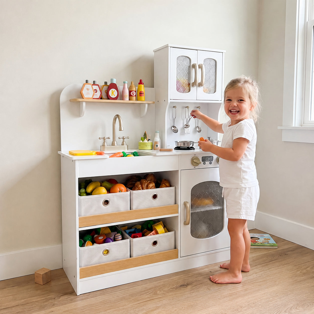 Kids Kitchen Playset with Wooden Pretend Cuttable Play Food