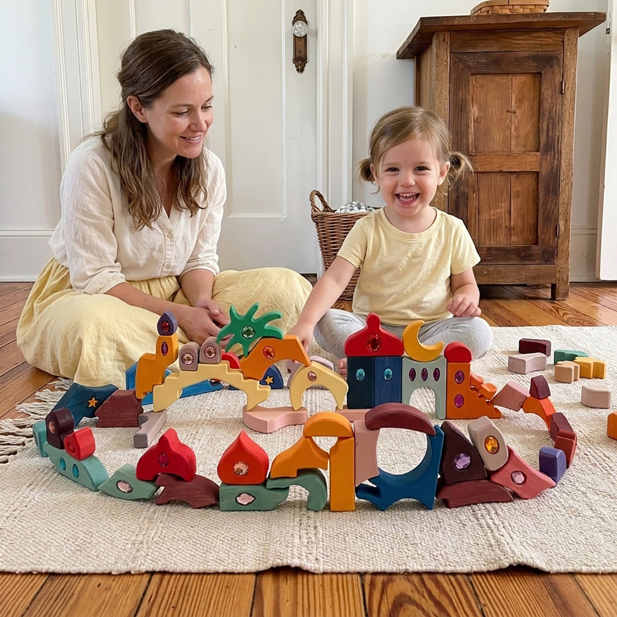 52-Piece Sparkling Gemstone Wooden Mandala Puzzle & Building Set