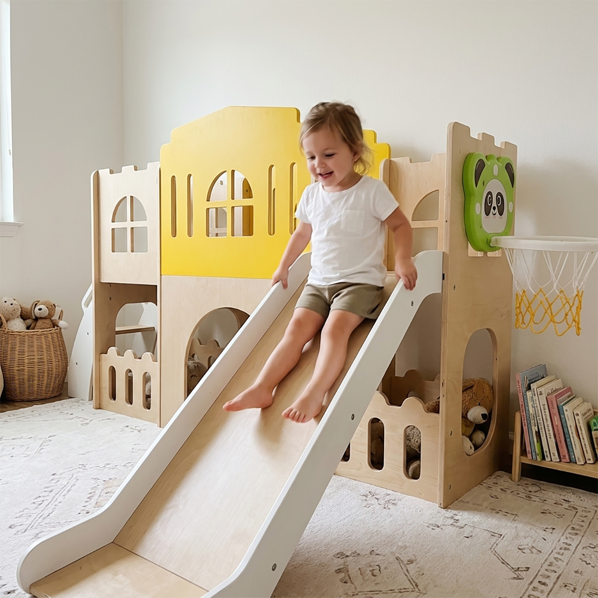 Toddler Indoor Playground with Slide and Basketball Hoop