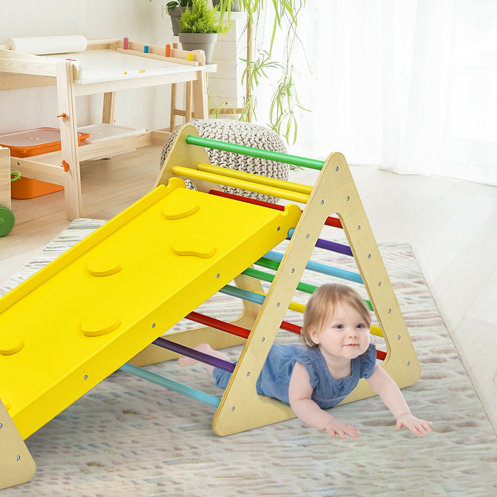 3-Piece Montessori Wooden Climbing Triangle Set with Reversible Ramp