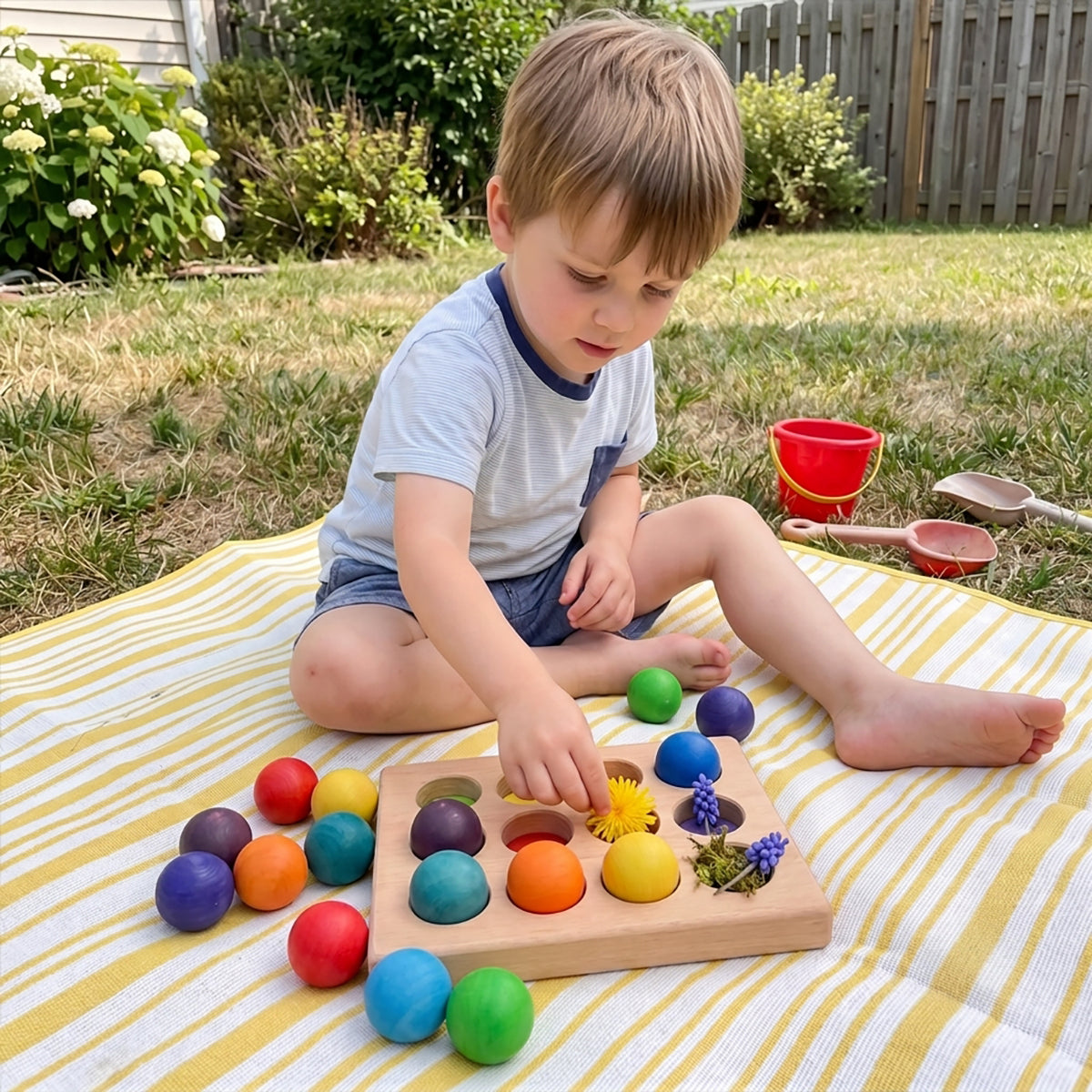 12-Piece Wooden Rainbow Balls in a Tray for Open-Ended Play