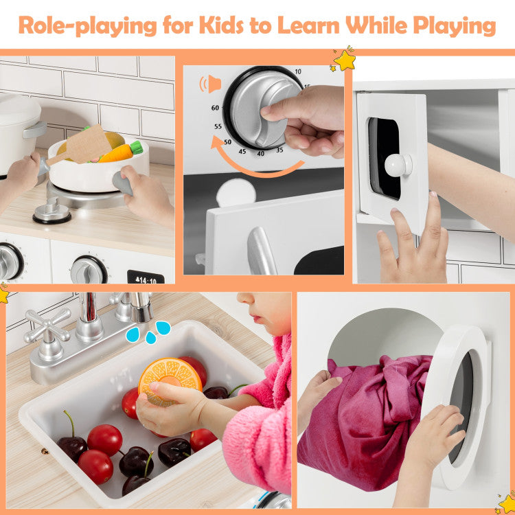 Wooden Play Kitchen with Laundry Set