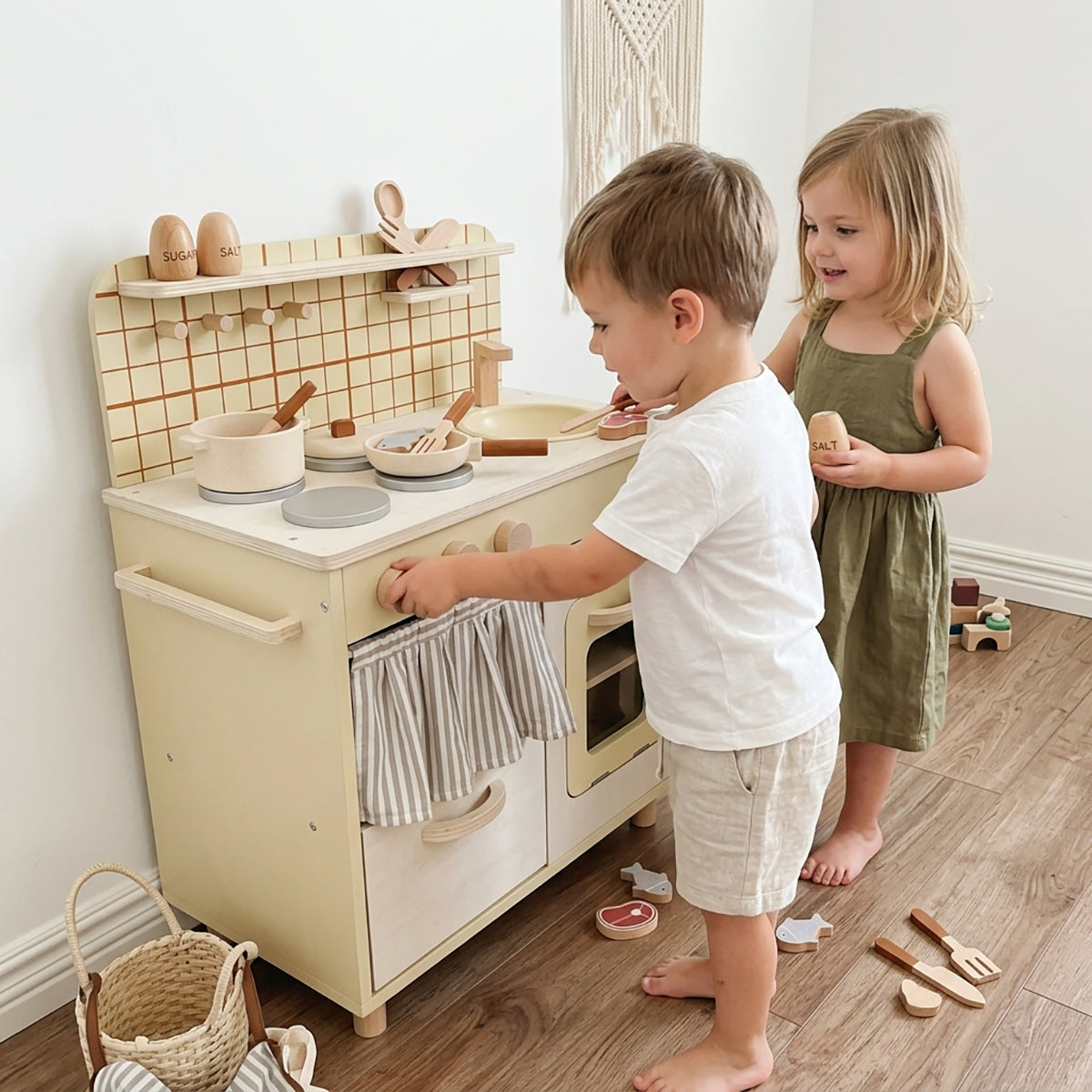 Beige Rustic Wooden Kids Kitchen Playset with Oven & Sink