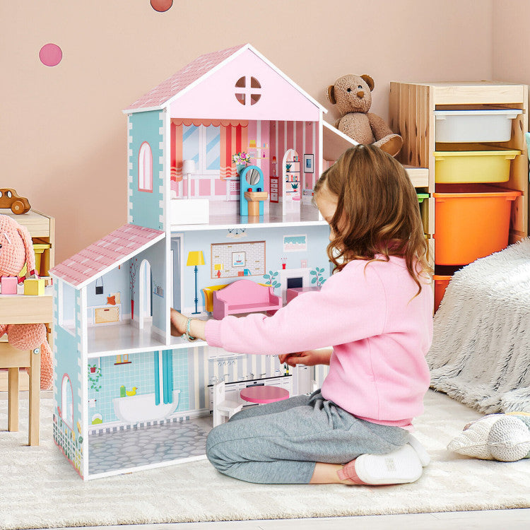 3-Tier Wooden Dollhouse with Furniture