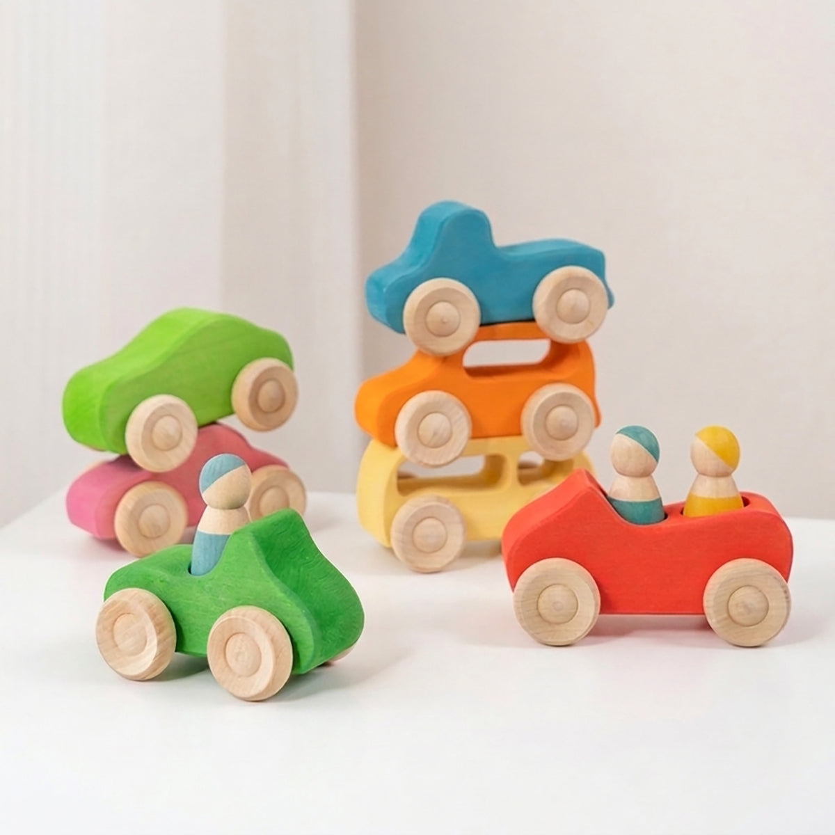 Rainbow Wooden Cars and Peg Dolls Set