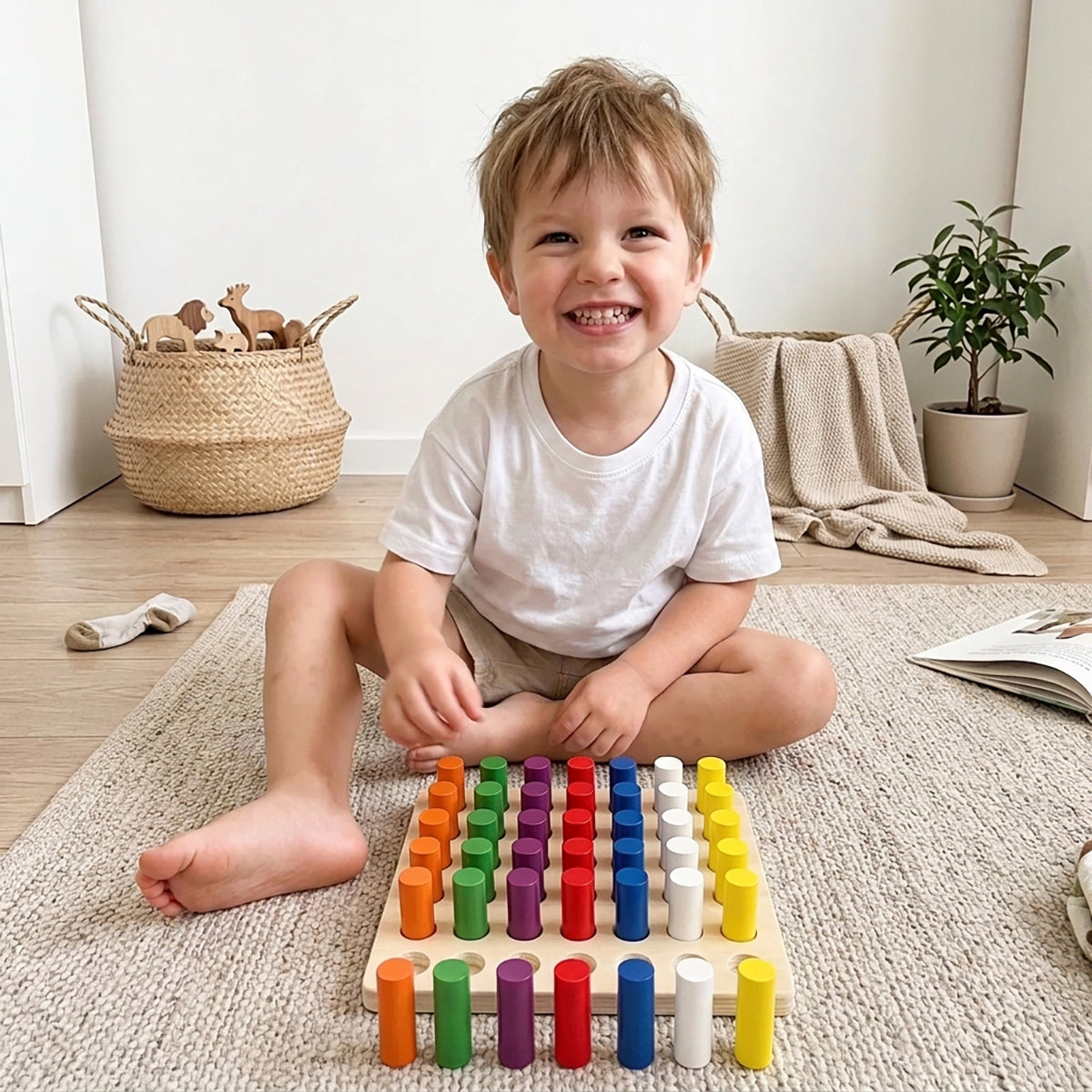 Rainbow Wooden Montessori Color Sorting Toy with Pegs