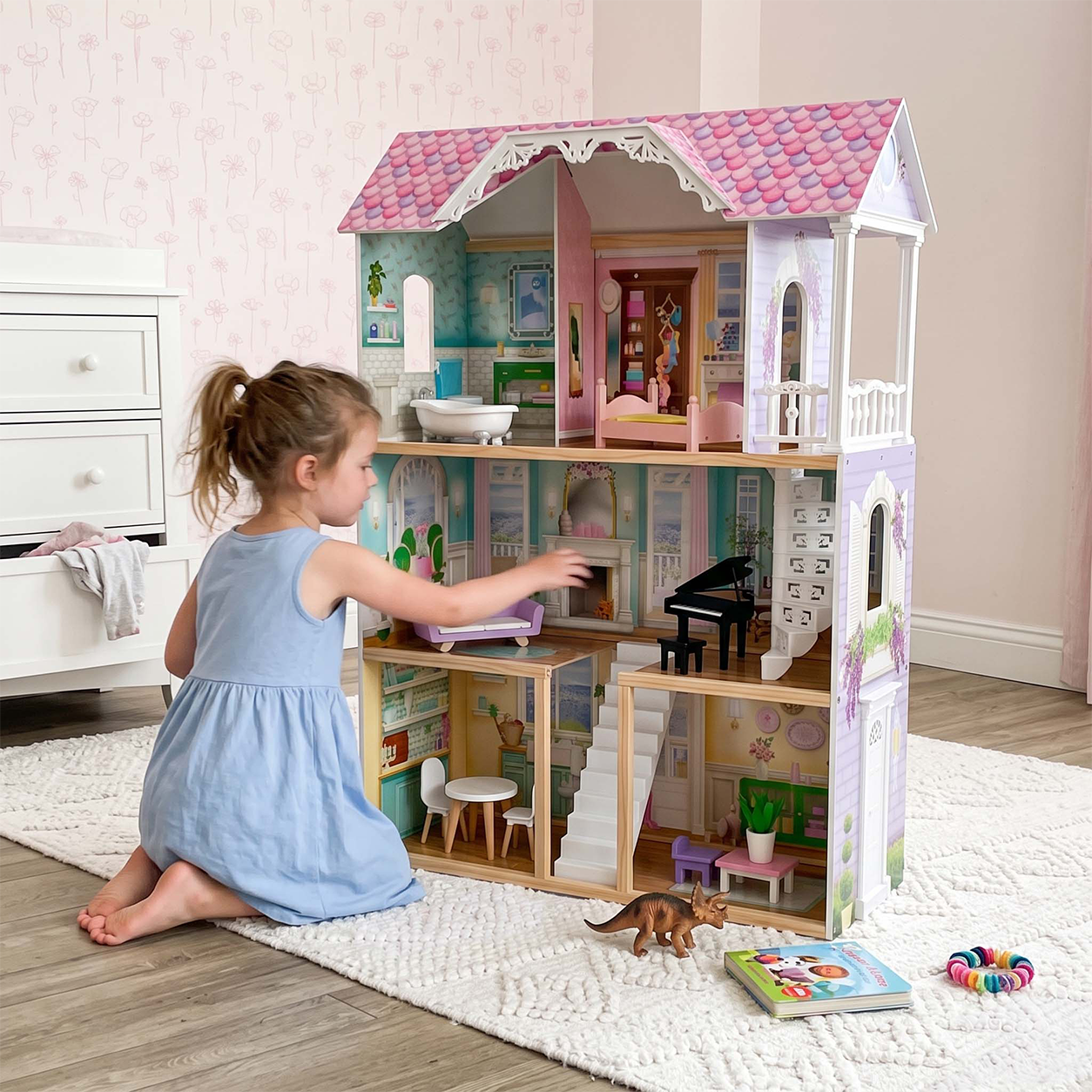 Large 3-Story Wooden Dollhouse with Spiral Staircase