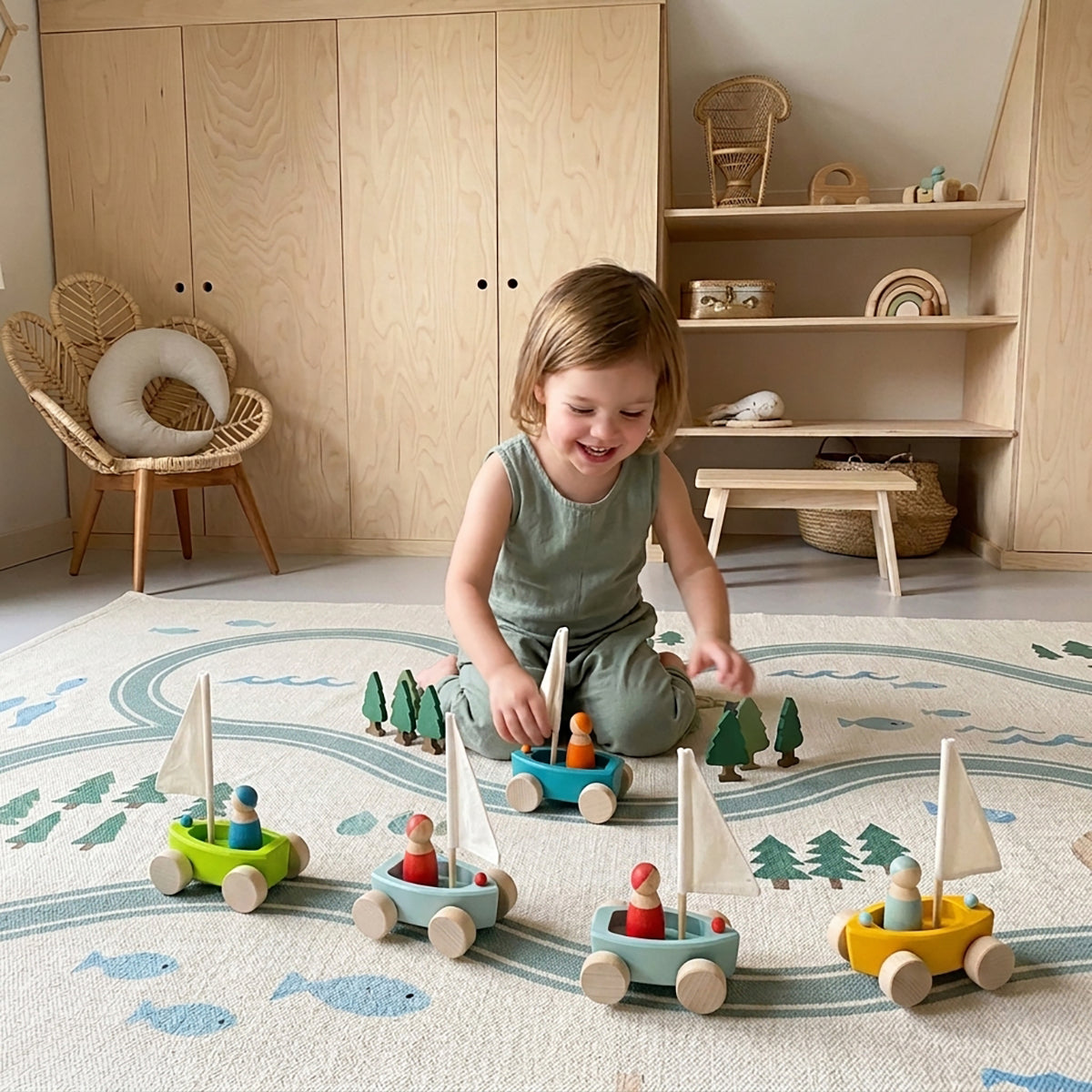 4-Piece Wooden Land Yachts & Peg Doll Sailors Set