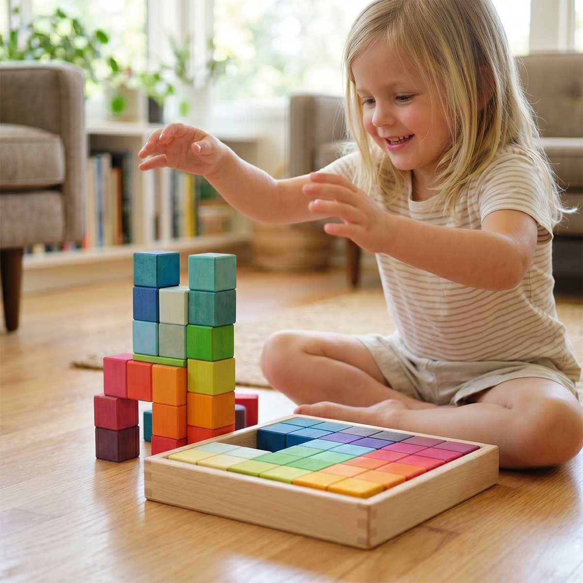 Wooden Mosaic Cubes Set – Montessori Waldorf Rainbow Pastel Building Blocks with Storage Tray