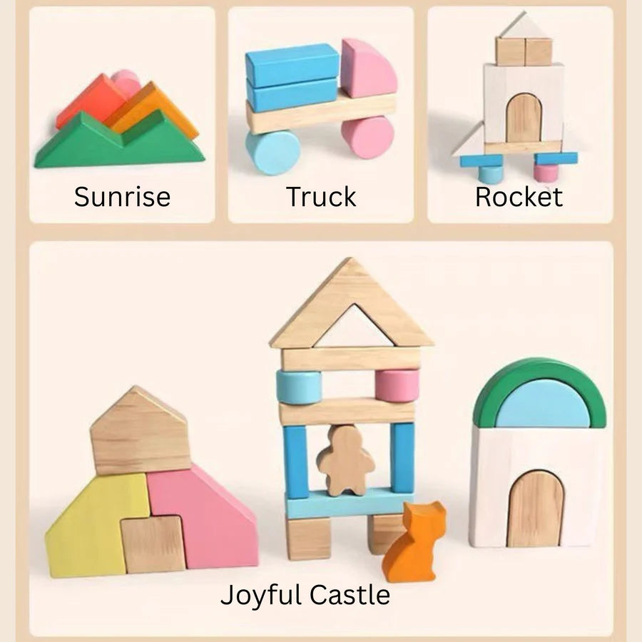46-Piece Pastel Wooden Building Blocks Set
