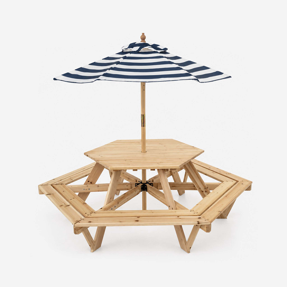 Wooden Hexagonal Picnic Table with 6 Benches & Adjustable Umbrella