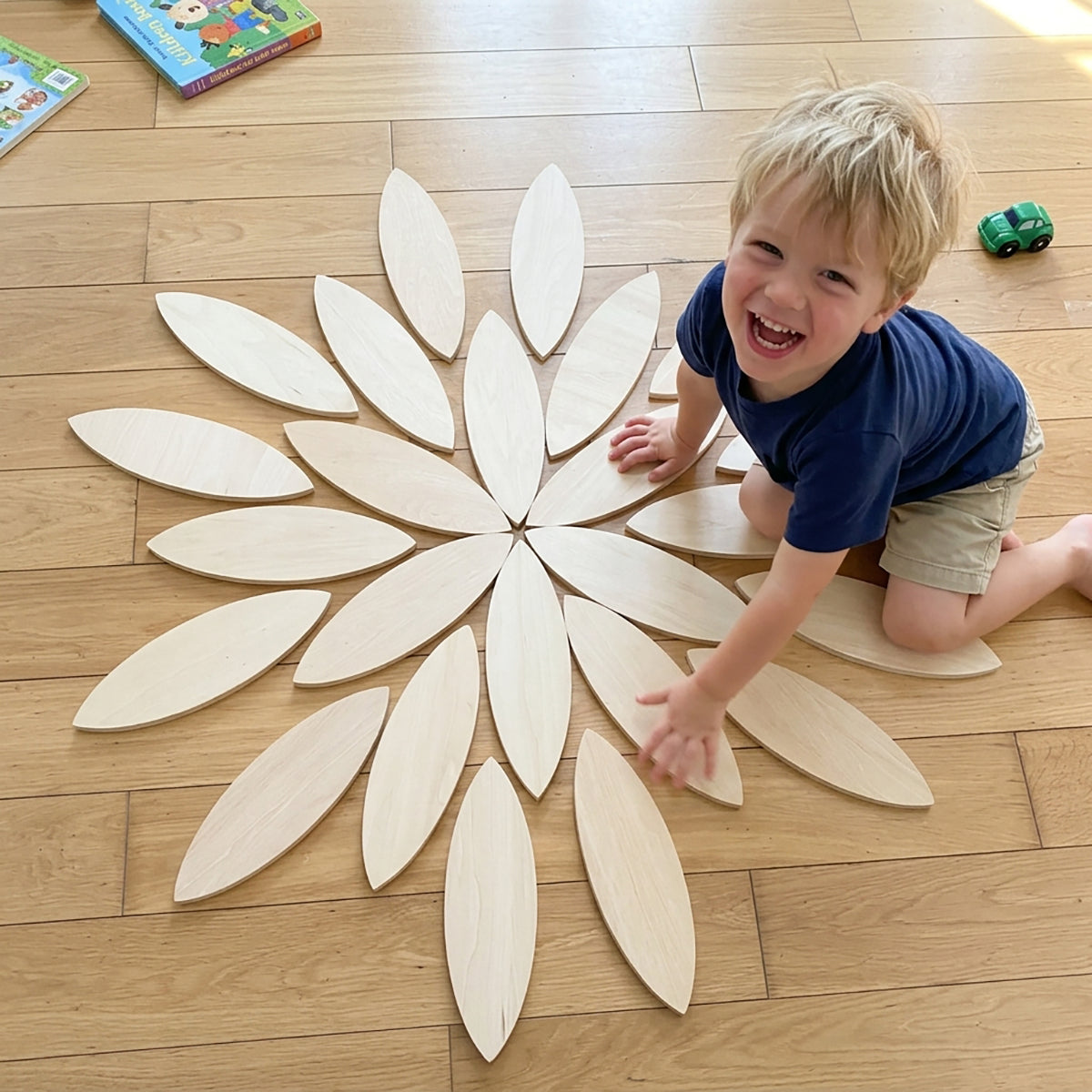 24-Piece Natural Wooden Petal Building Blocks with Tray