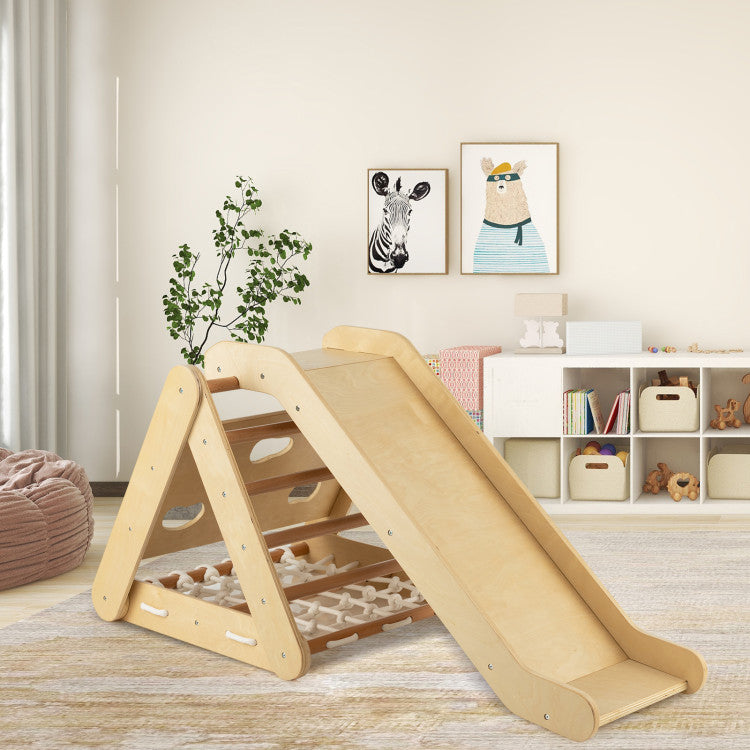 Montessori Toddler Indoor Wooden Climbing Triangle with Net