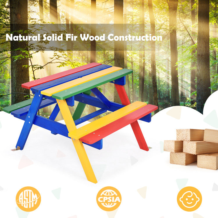 4-Seat Kids Wooden Picnic Table & Bench Set with Removable UV Umbrella