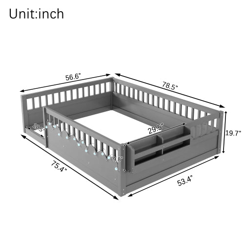 Montessori Floor Bed with Rails, LED Light & Storage Shelf
