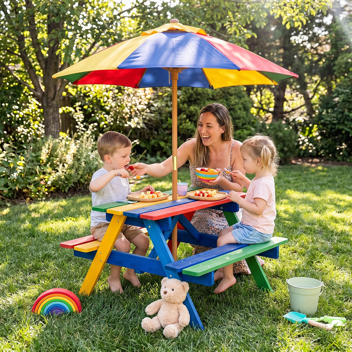 4-Seat Kids Wooden Picnic Table & Bench Set with Removable UV Umbrella