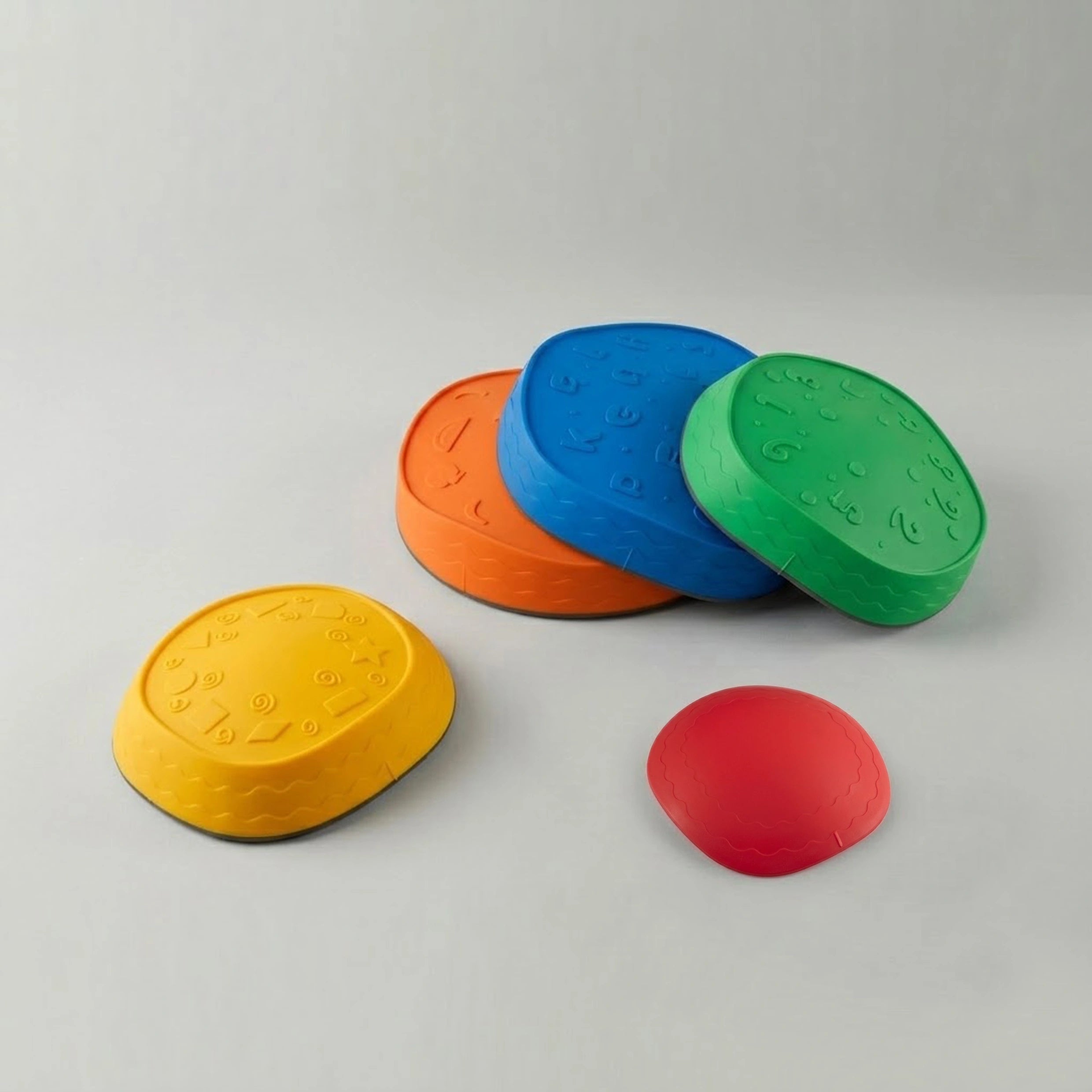 Infographic showing a set of 5 colorful, stackable balance stepping stones for kids ages 3 and up. It displays the dimensions of the fully stacked set (13.5 inches wide by 10 inches tall) and individual stones ranging from 7 to 13.5 inches wide. The image highlights ASTM and CPSC safety certifications.