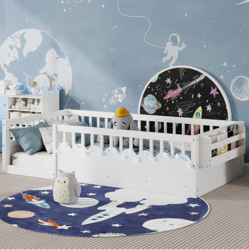 Montessori Floor Bed with Rails, LED Light & Storage Shelf