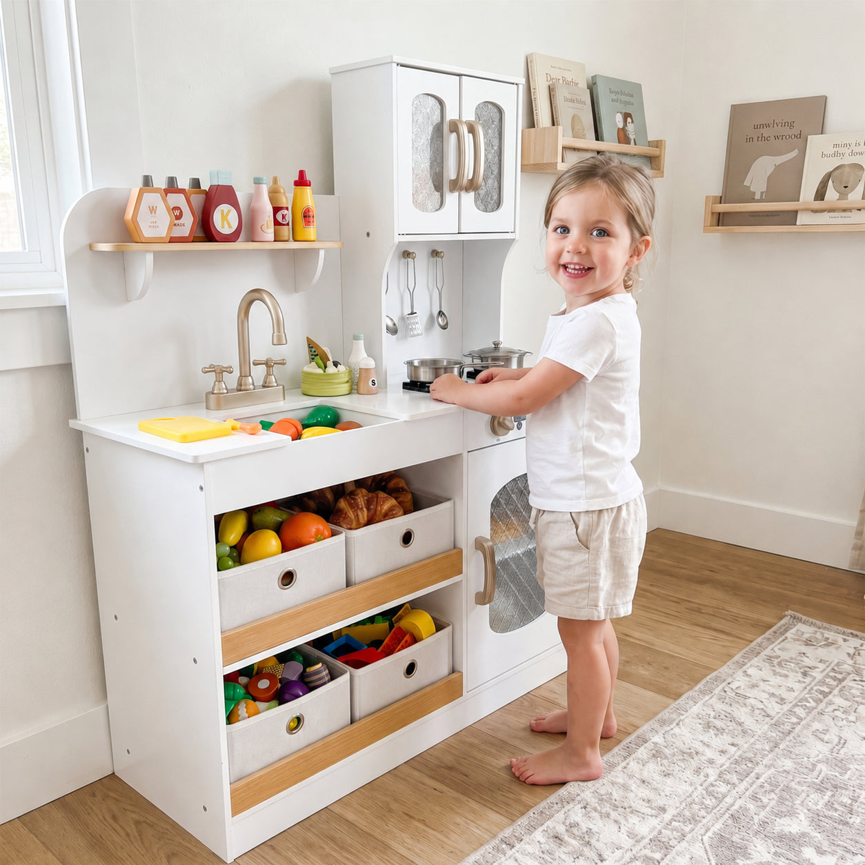 Kids Kitchen Playset with Wooden Pretend Cuttable Play Food