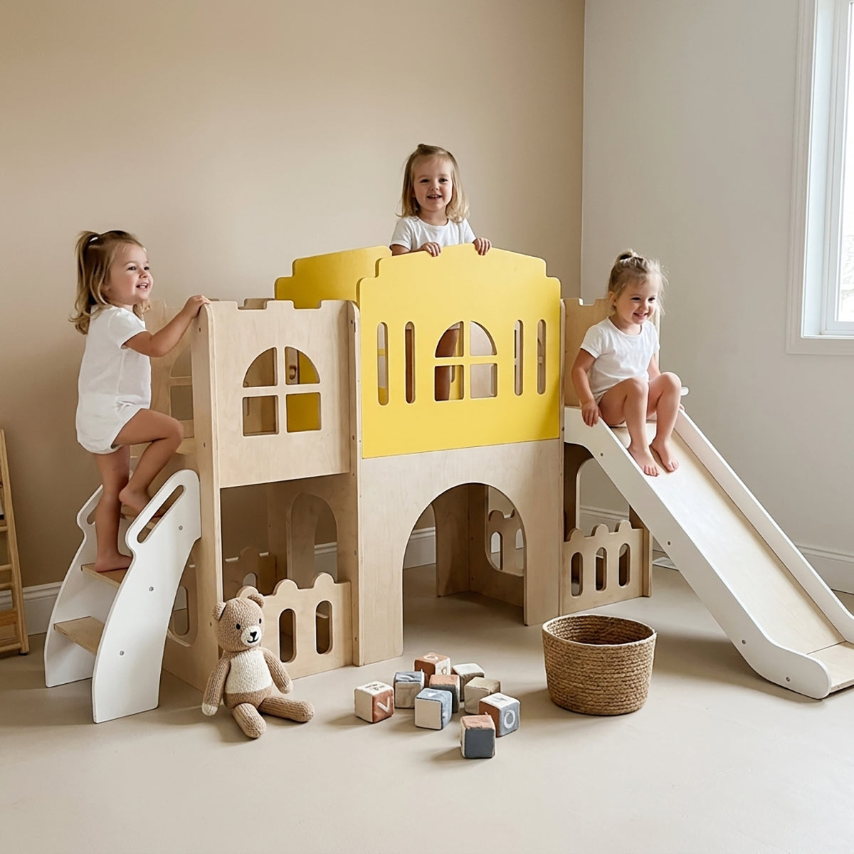 Toddler Indoor Playground with Slide and Basketball Hoop
