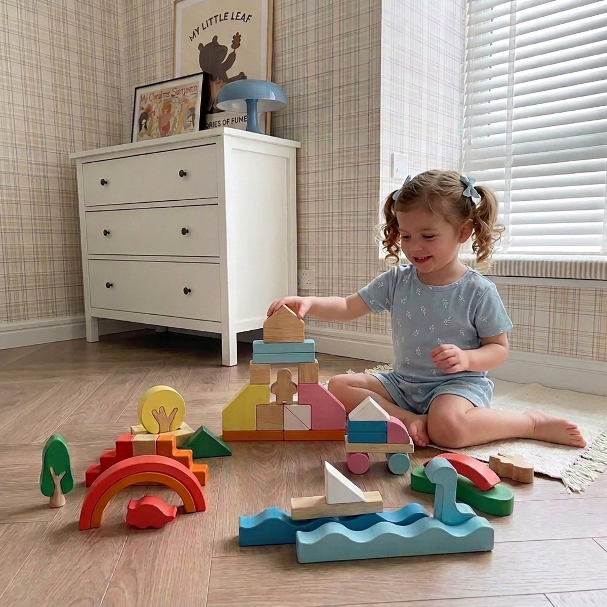 46-Piece Pastel Wooden Building Blocks Set