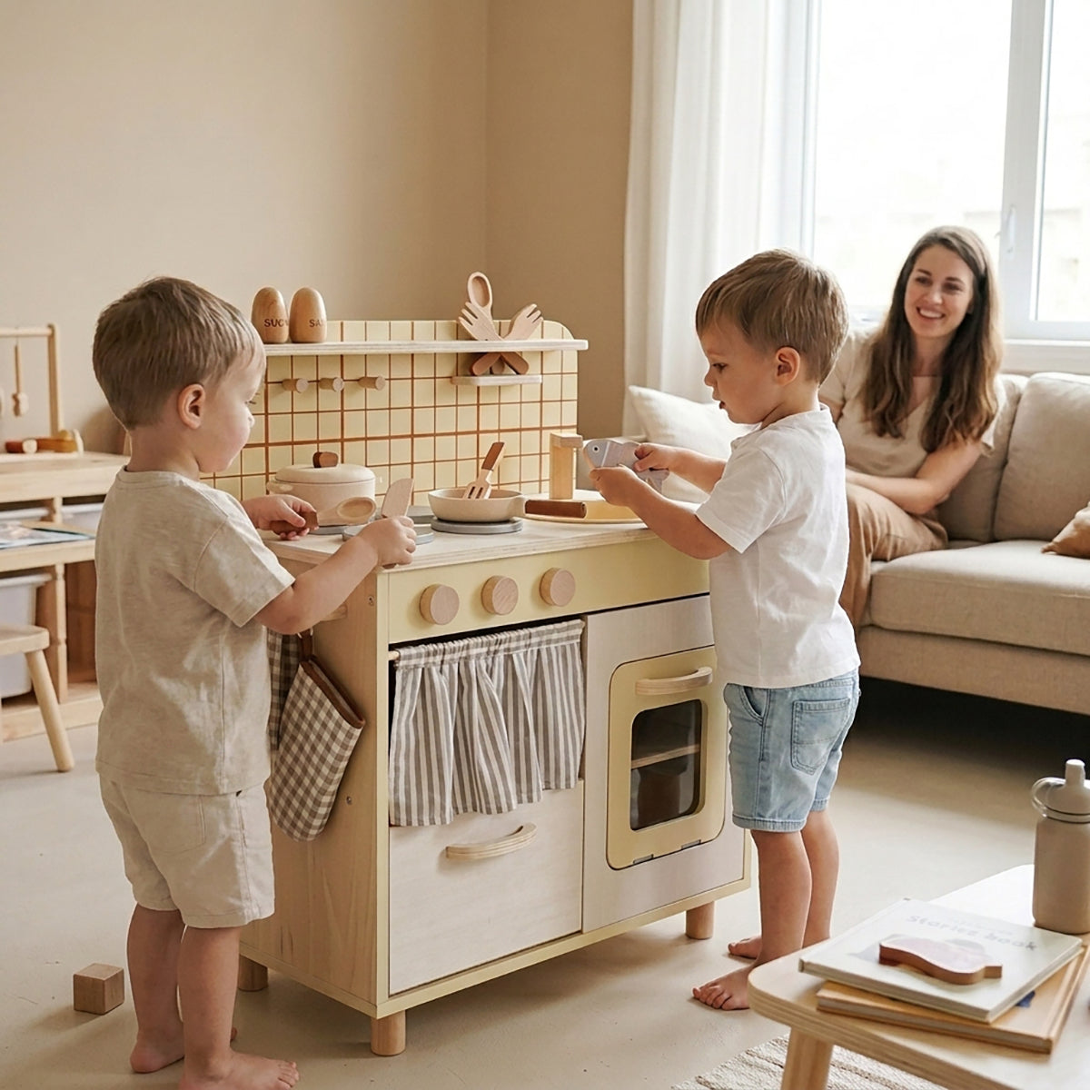 Beige Rustic Wooden Kids Kitchen Playset with Oven & Sink