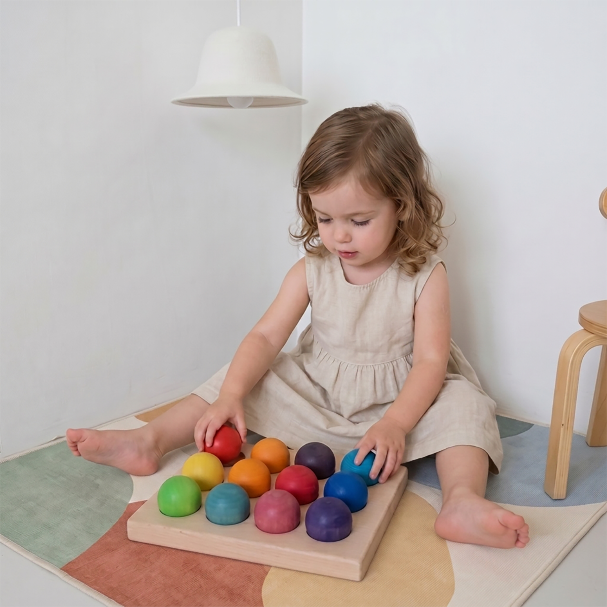 12-Piece Wooden Rainbow Balls in a Tray for Open-Ended Play