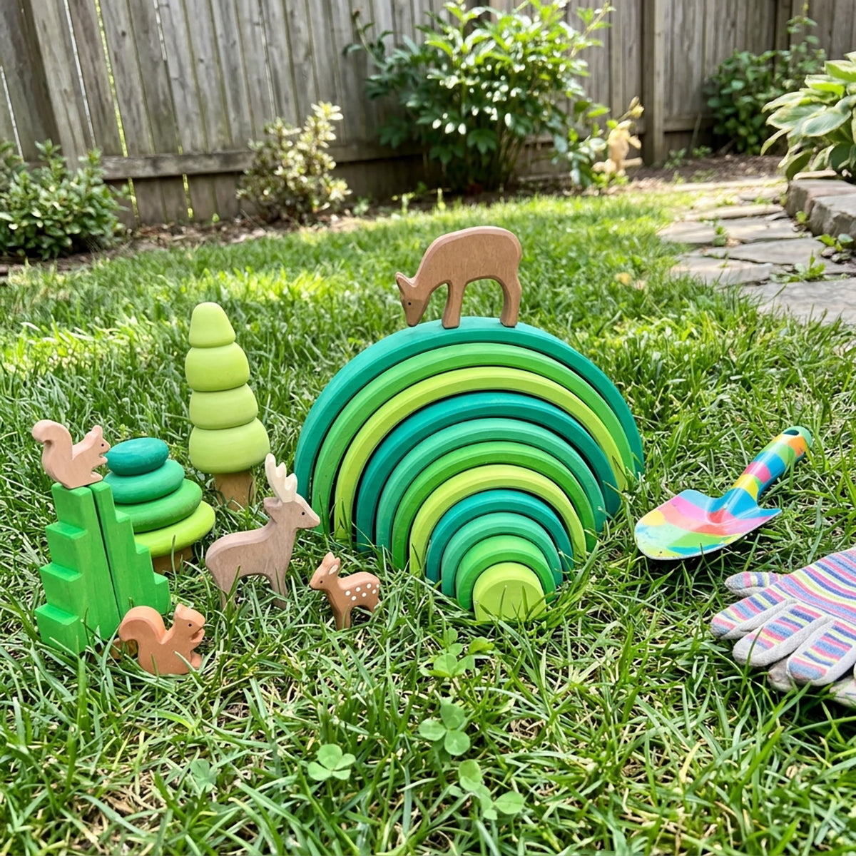 12-Piece Large Meadow Green Wooden Rainbow Nesting Arches