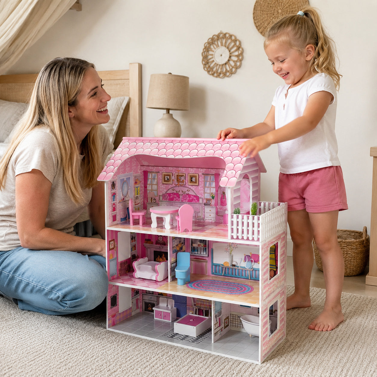 Pink Wooden Dollhouse with Furniture Set