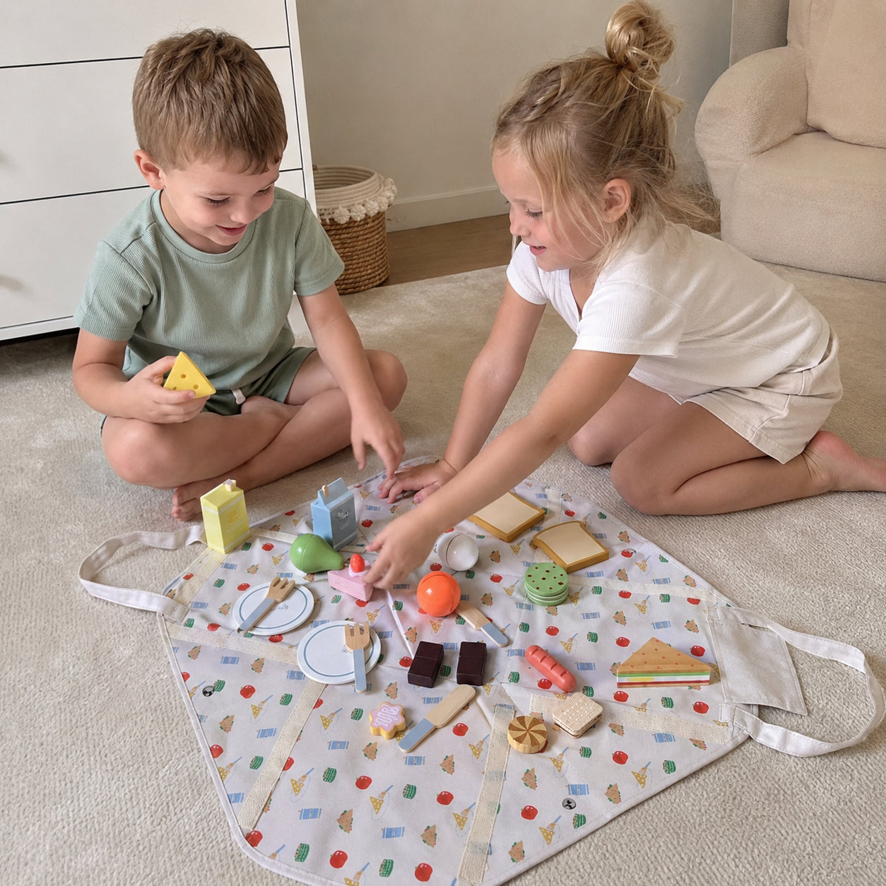 24-Piece Kids Pretend Picnic Basket with Foldable Blanket