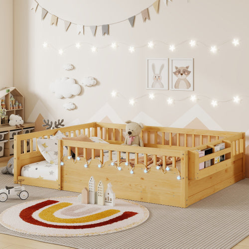 Montessori Floor Bed with Rails, LED Light & Storage Shelf