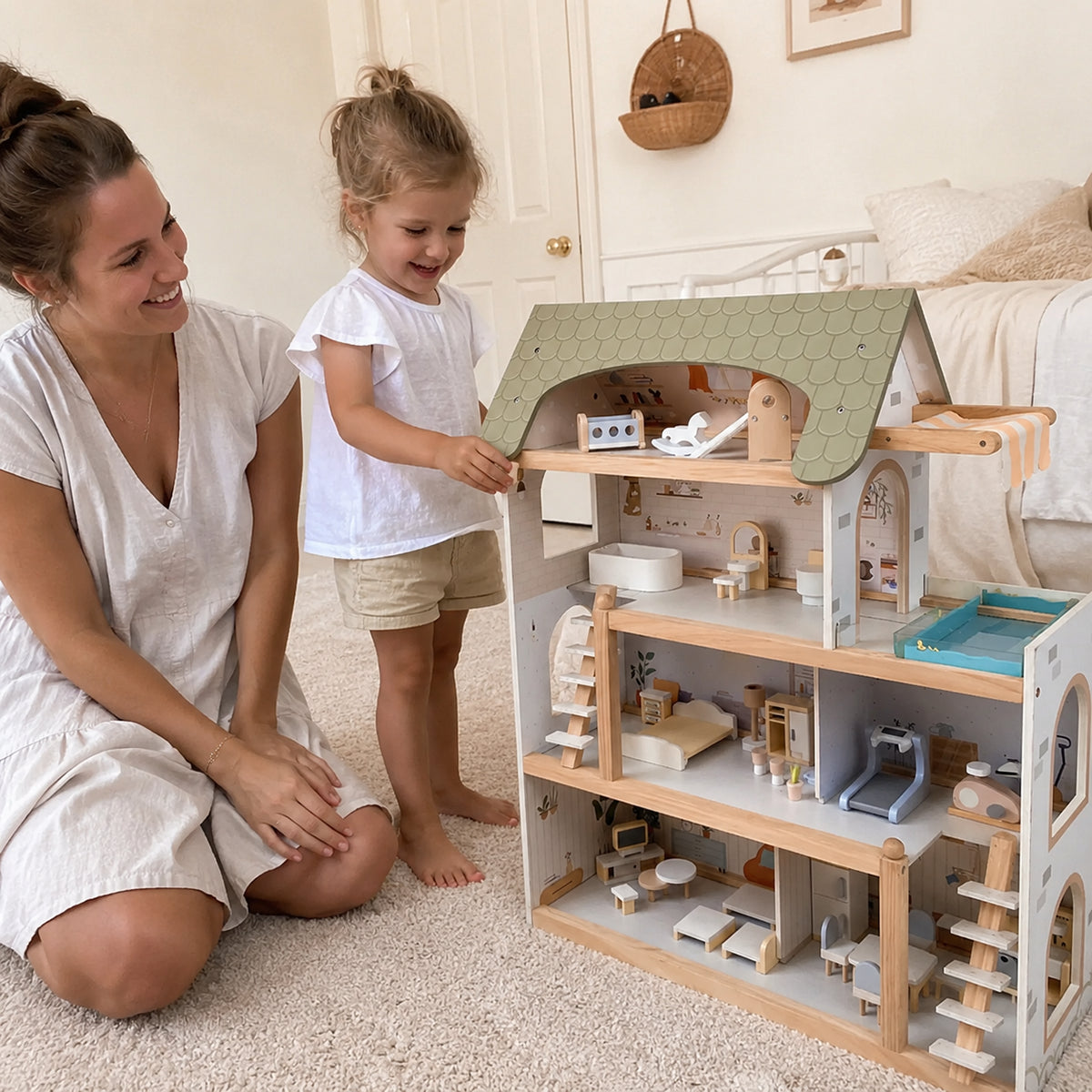 Large Wooden Dollhouse with 33-Piece Furniture Set