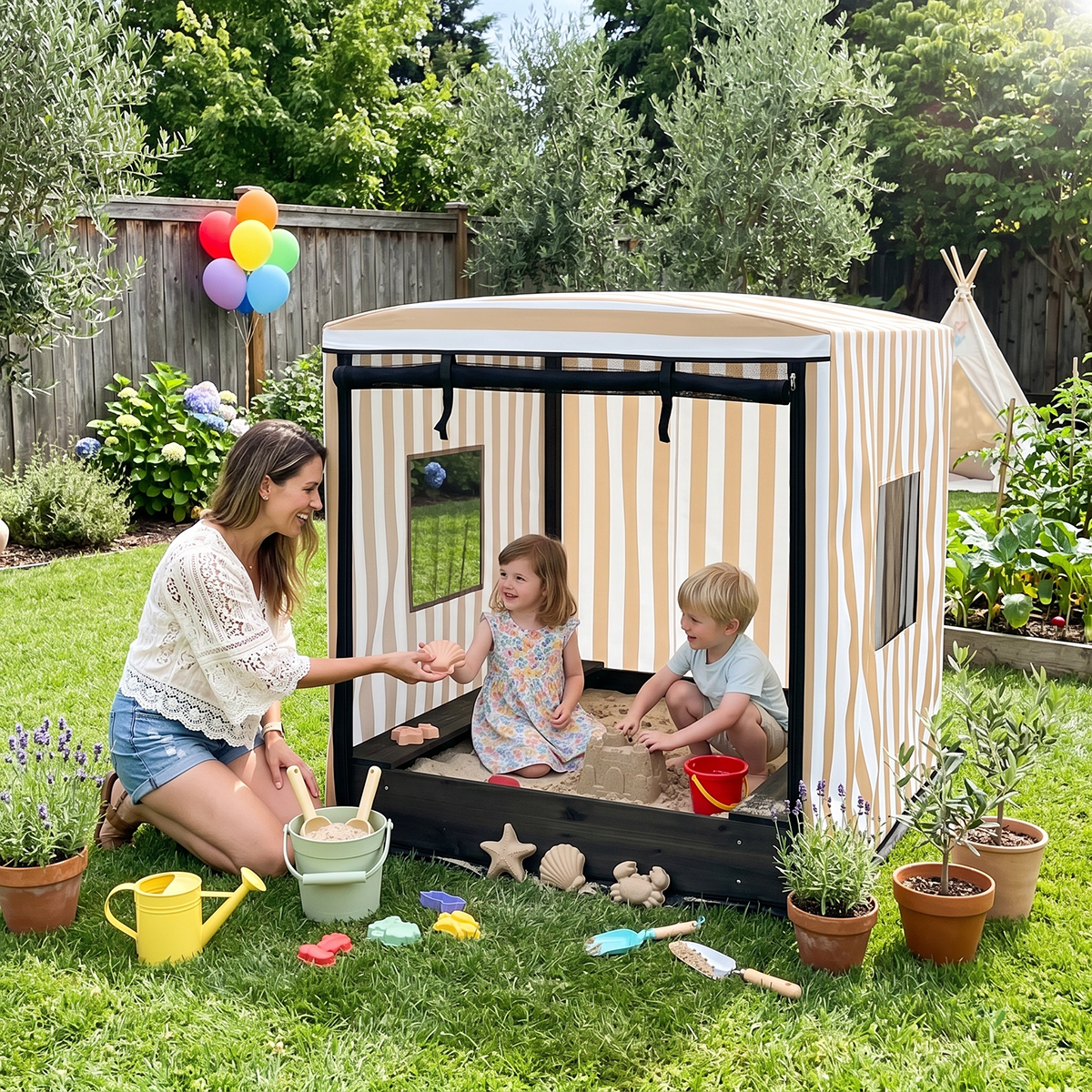 Cabana-Style Kids Wooden Sandbox with Canopy, Bench Seats & Hidden Storage