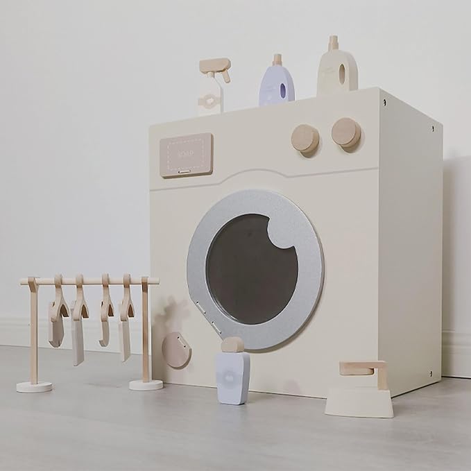 Wooden Pretend Laundry Play Set with Clothes & Hangers