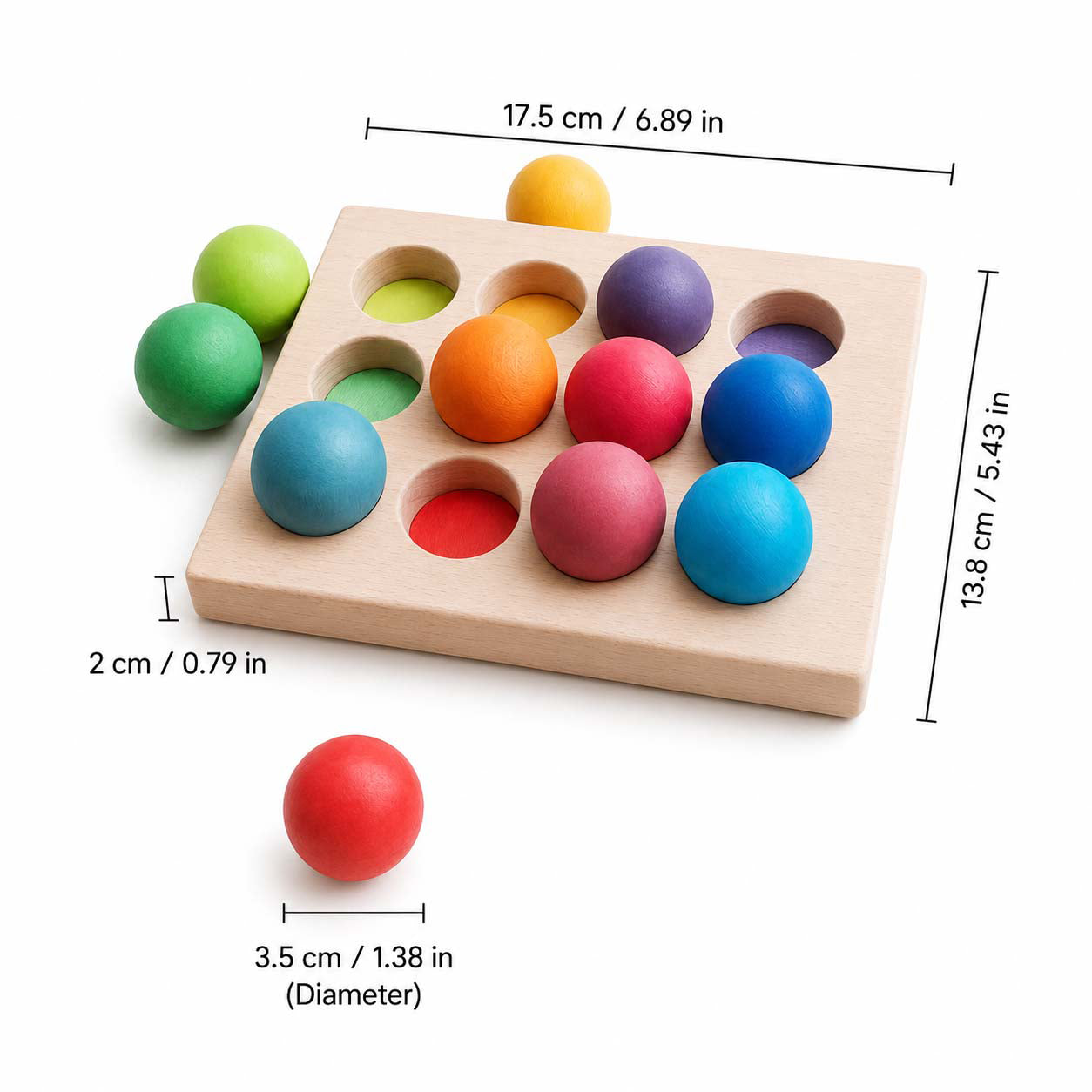 12-Piece Wooden Rainbow Balls in a Tray for Open-Ended Play