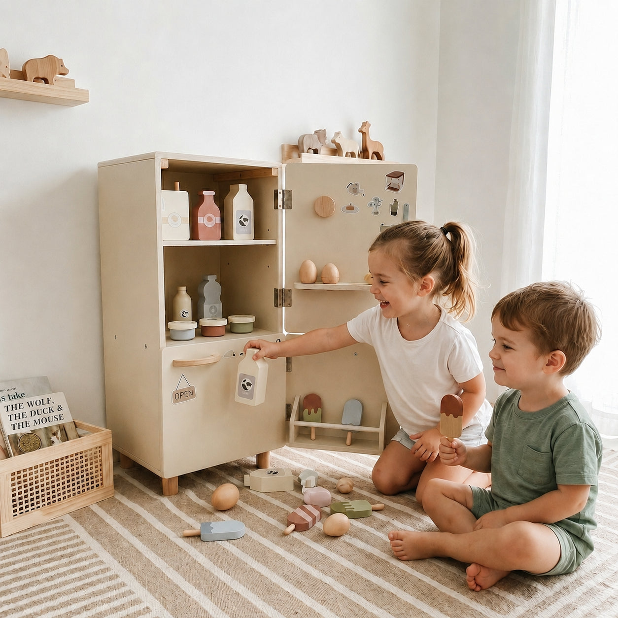 Wooden Mini Fridge Pretend Play Set with 12 Accessories