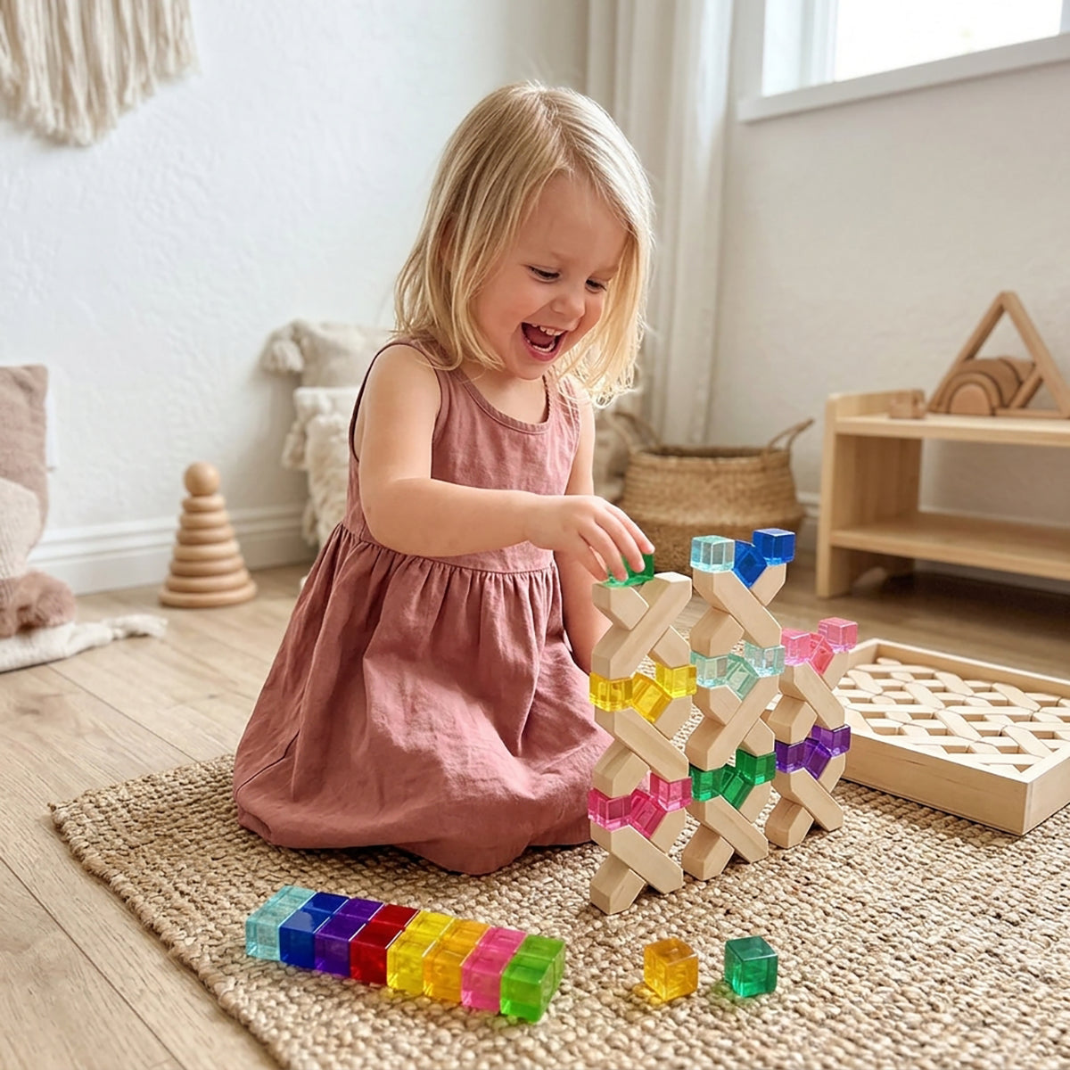 80-Piece Lucite Cubes and Wooden Stacking Blocks Set